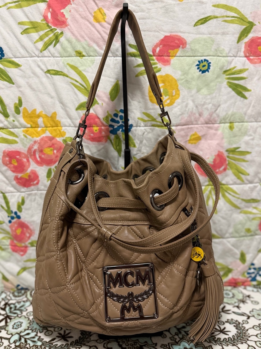 Rare MCM Taupe Quilted Leather Drawstring Shoulder Bag with Tassel/charm